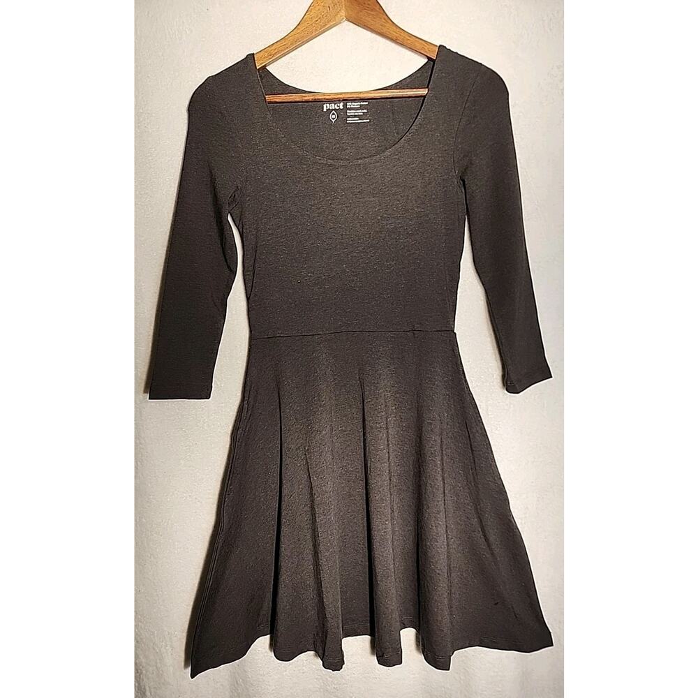 Pact Organic Cotton 3/4 Sleeve Flare Midi Dress Charcoal With Pockets XS New